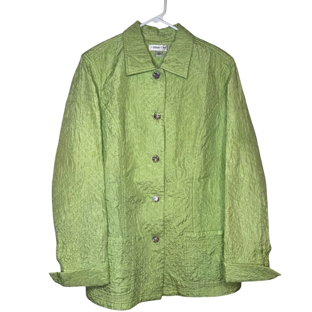 Coldwater Creek Quilted Silk Jacket Womens L Lime Green Jeweled Button Lined